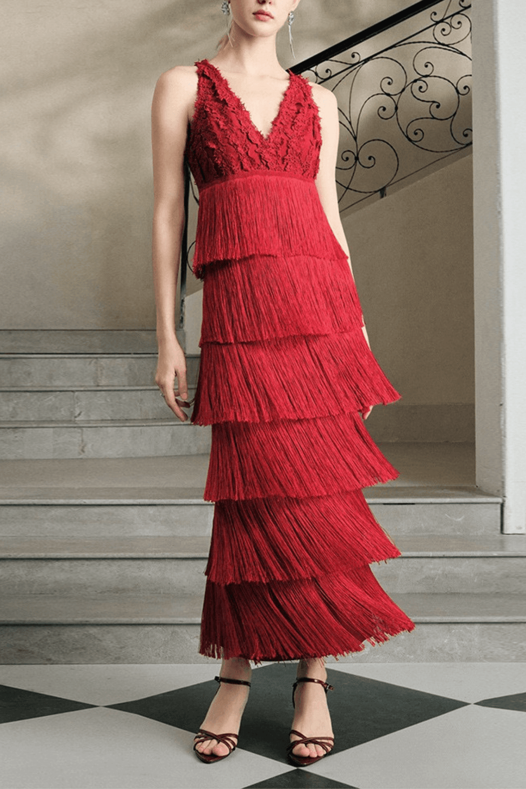 Stella Red Lace V-Neck Tiered Maxi Dress Avalabel