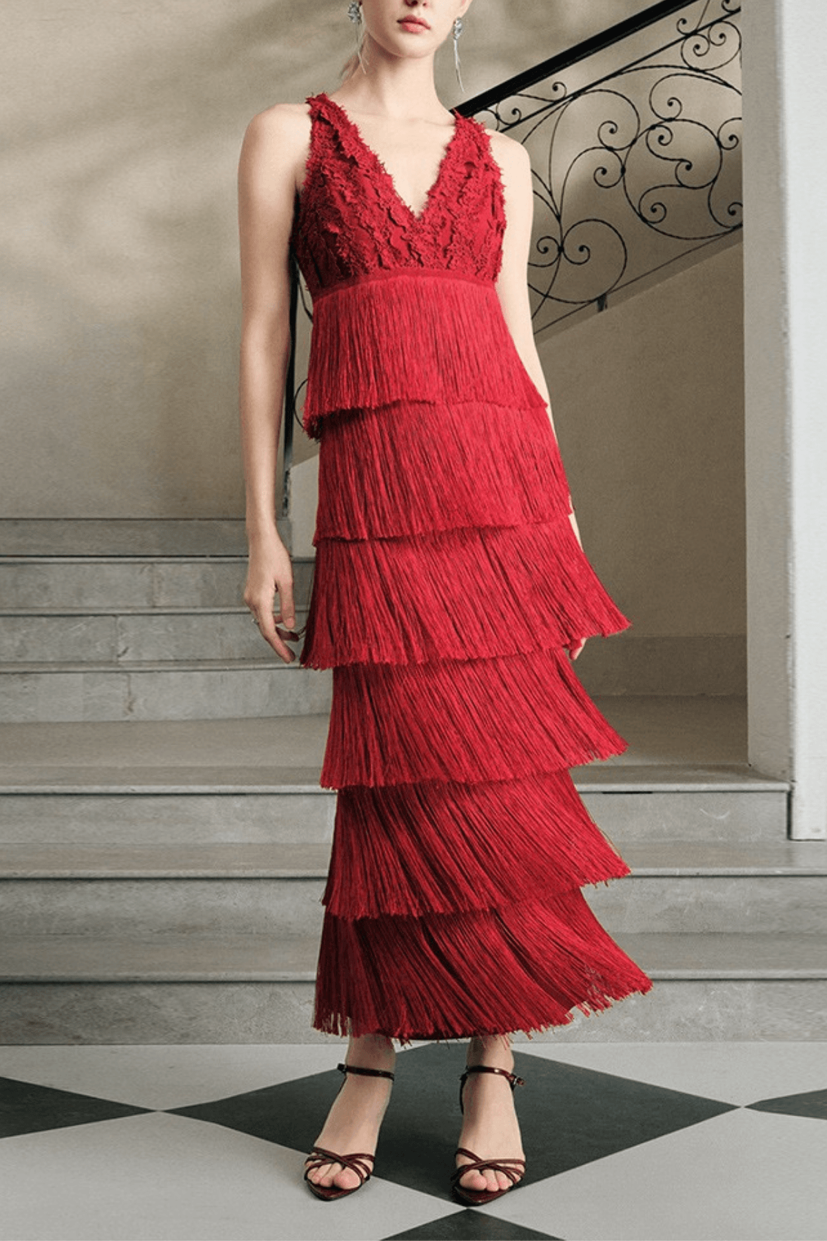 Stella Red Lace V-Neck Tiered Maxi Dress Avalabel