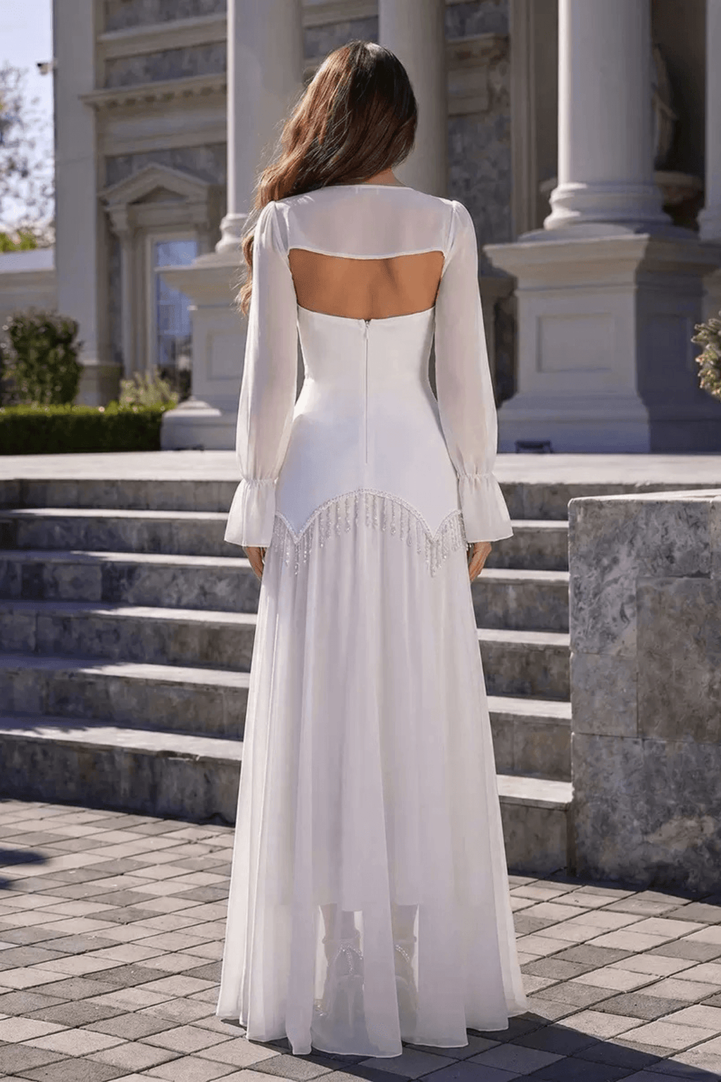 Sophia White Beaded Long‑Sleeve Chiffon Evening Gown Avalabel