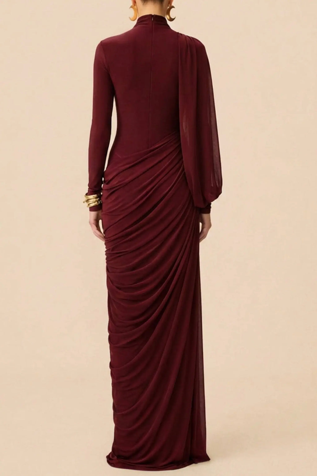liz High Neck Asymmetric Drape ruched Maxi Dress in burgundy Avalabel
