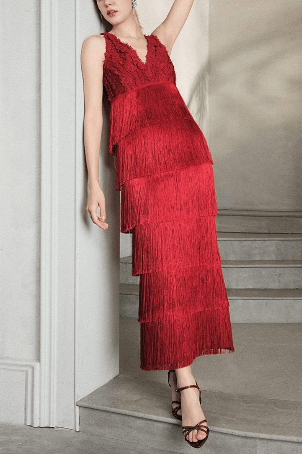 Stella Red Lace V-Neck Tiered Maxi Dress Avalabel