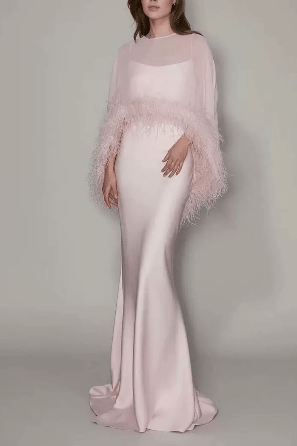 Janis Feather Trim Sheer Cape Satin Dress Avalabel