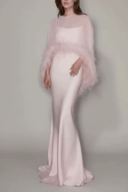Janis Feather Trim Sheer Cape Satin Dress Avalabel