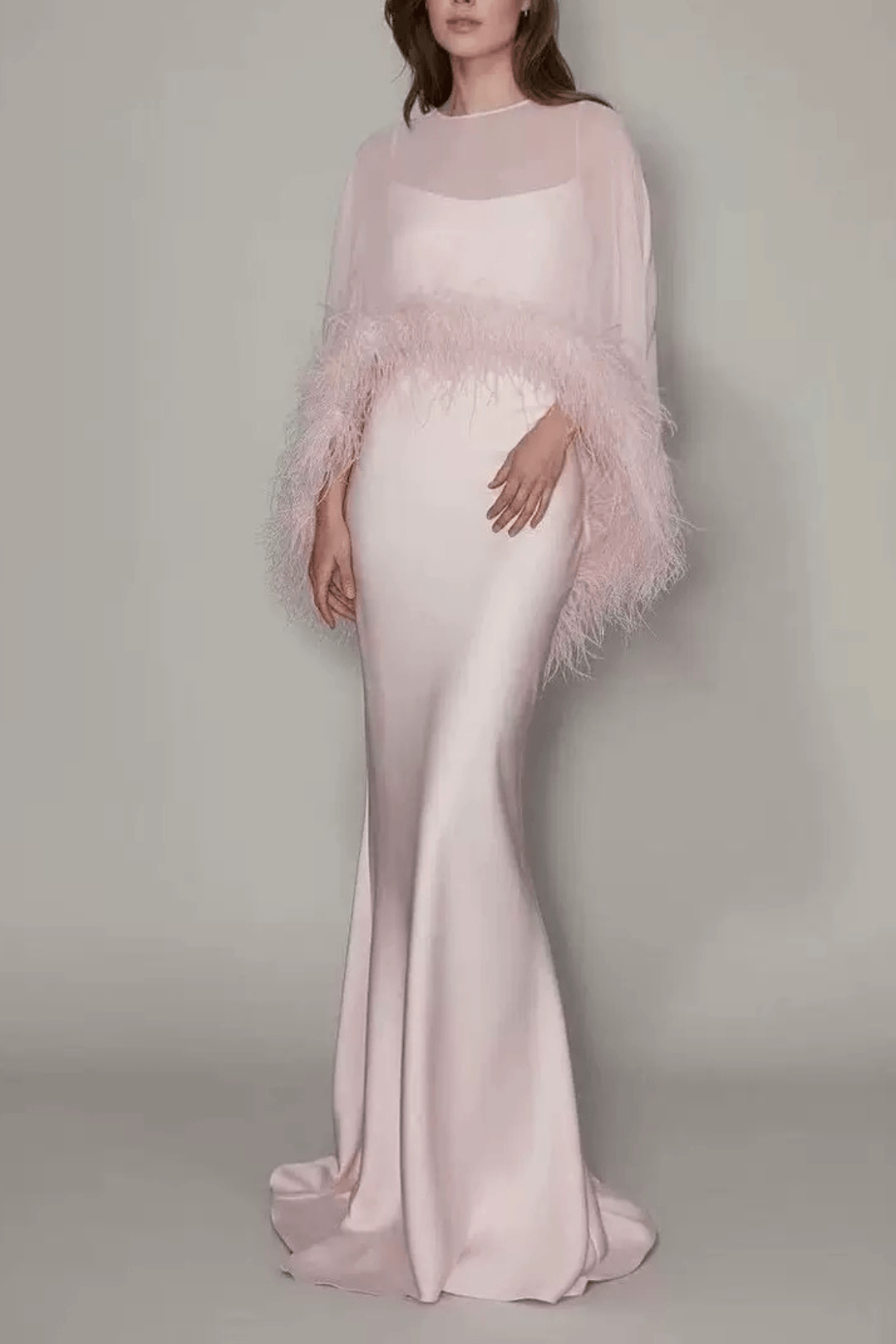 Janis Feather Trim Sheer Cape Satin Dress Avalabel