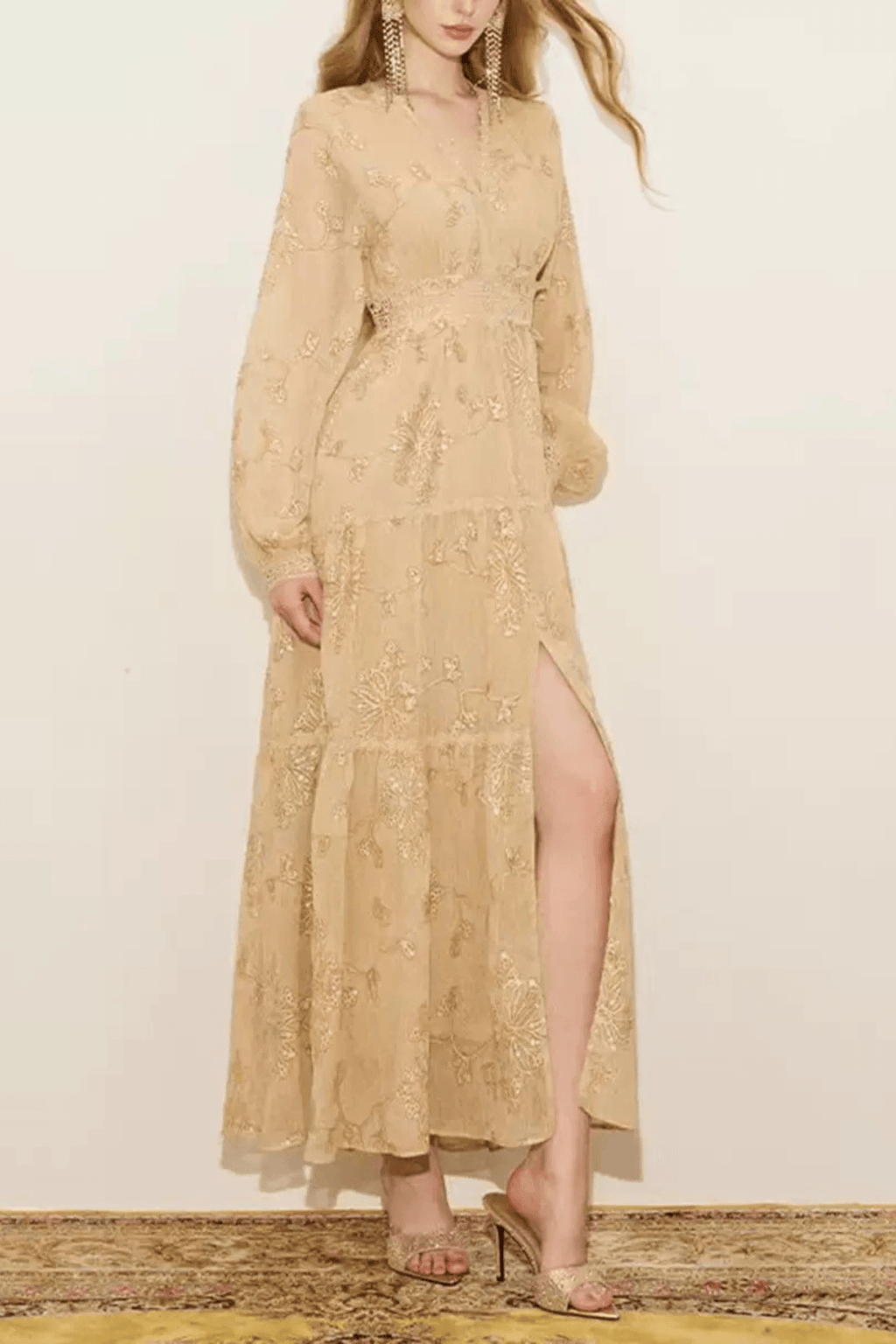 Una V-Neck Floral Embroidery Midi Dress Avalabel