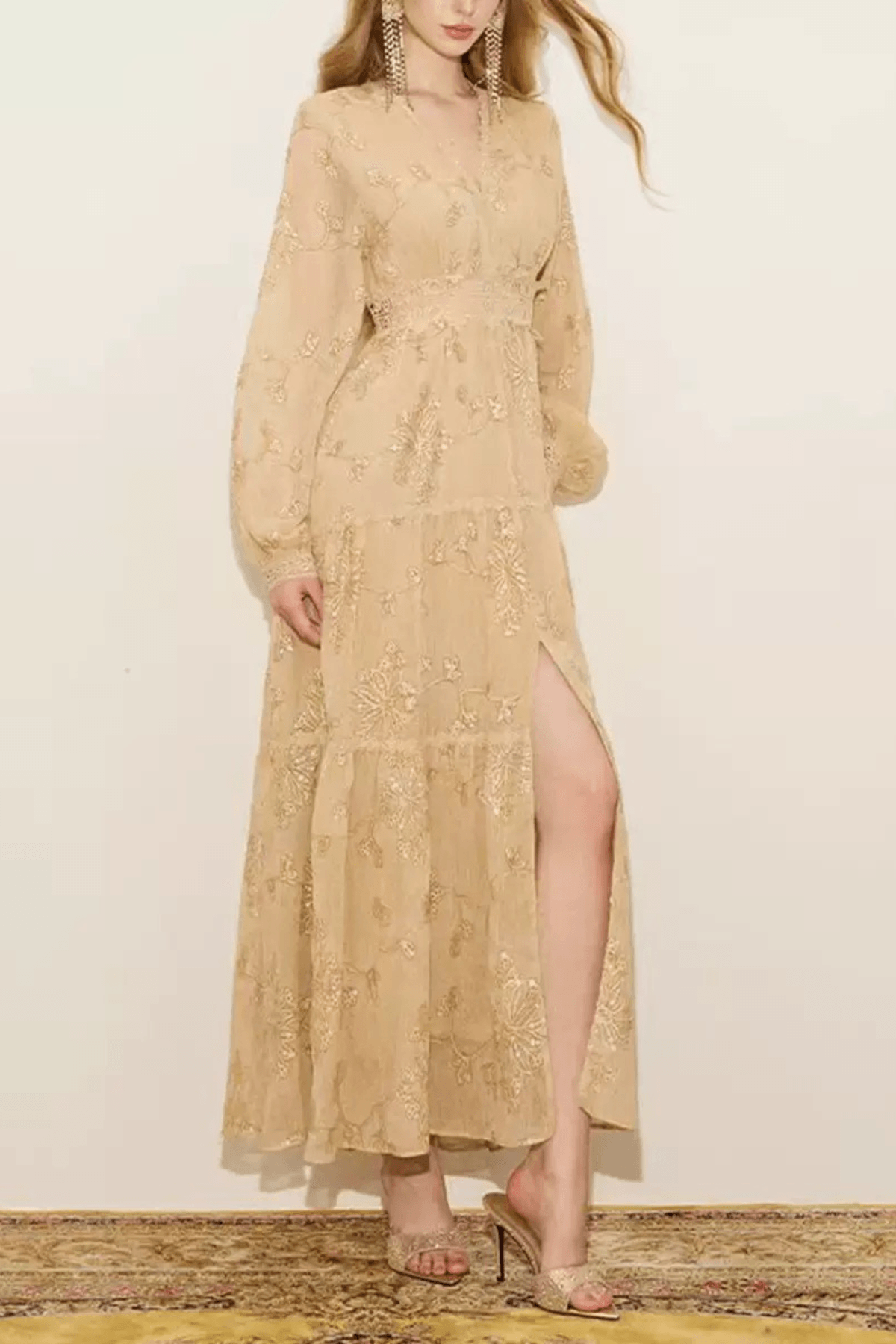 Una V-Neck Floral Embroidery Midi Dress Avalabel