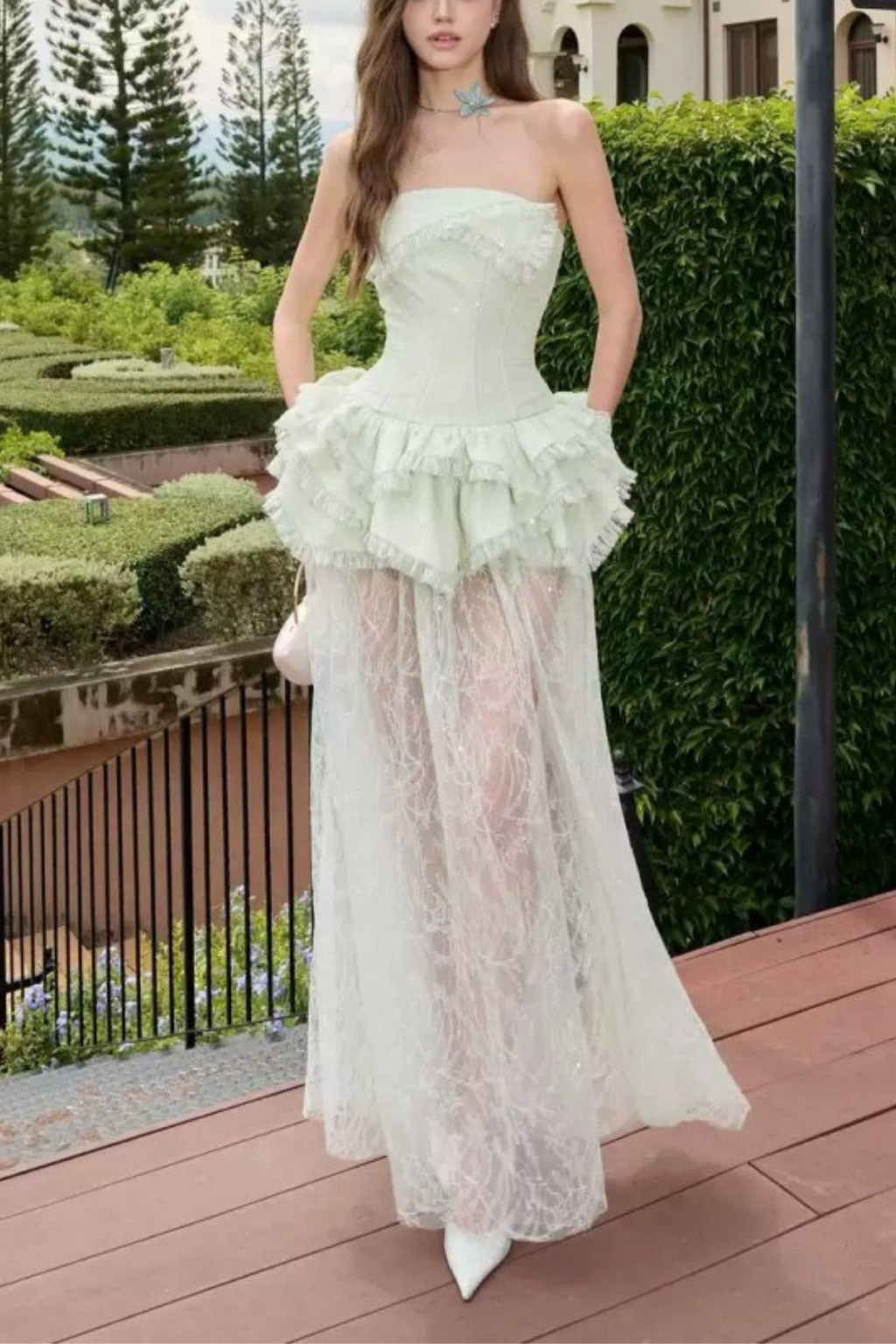 Elowen Strapless Ruffle Lace Maxi Fairy Dress Avalabel
