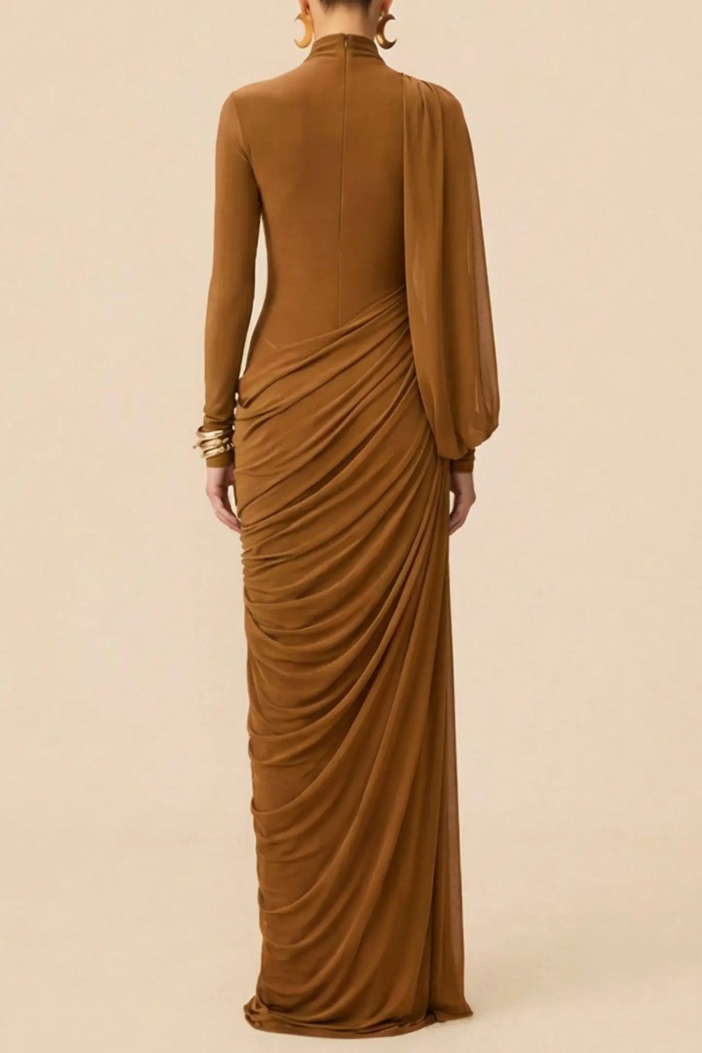 liz High Neck Asymmetric Drape ruched Maxi Dress in brown Avalabel