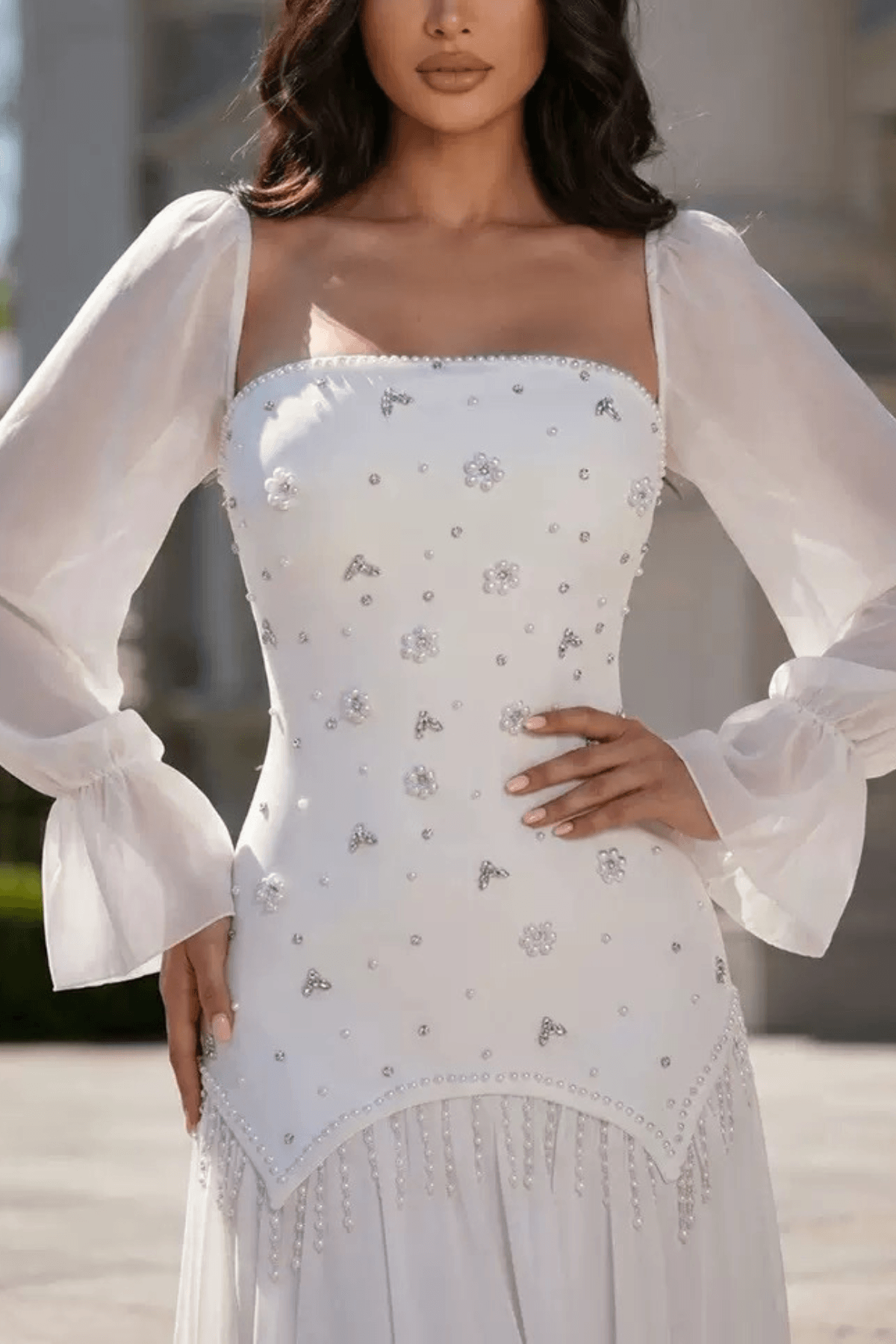 Sophia White Beaded Long‑Sleeve Chiffon Evening Gown Avalabel