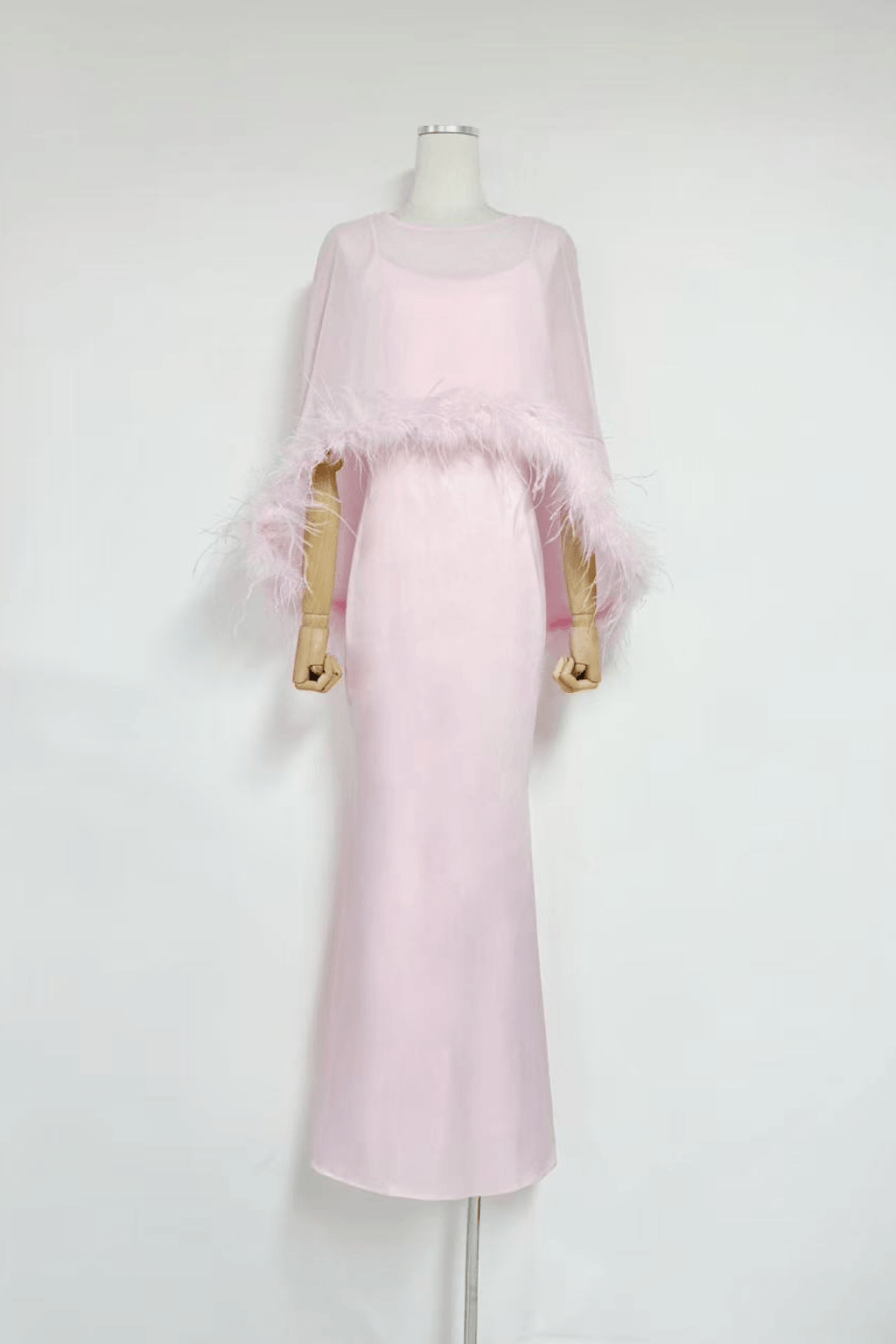 Janis Feather Trim Sheer Cape Satin Dress Avalabel
