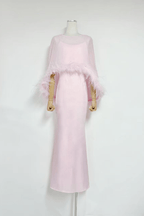 Janis Feather Trim Sheer Cape Satin Dress Avalabel