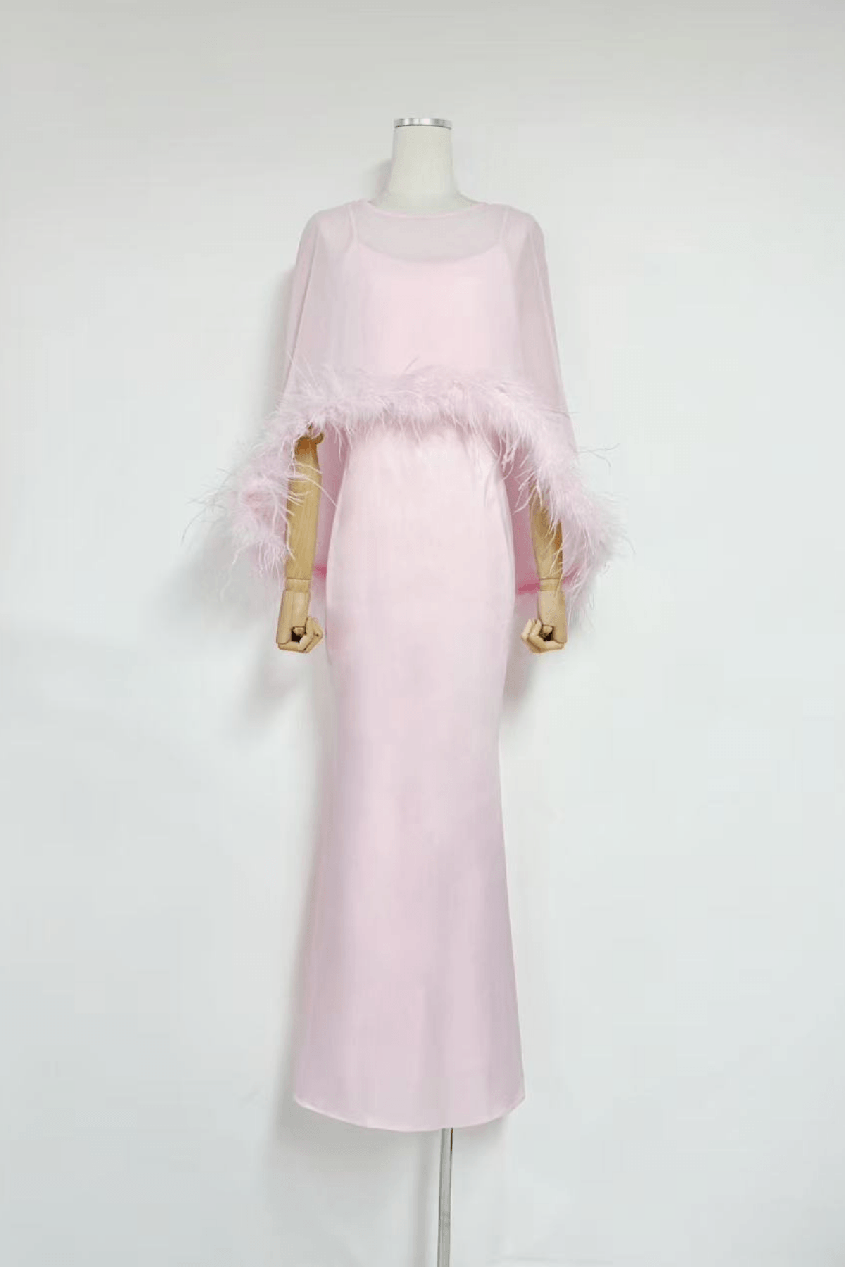 Janis Feather Trim Sheer Cape Satin Dress Avalabel