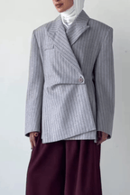 Joe Grey Pinstripe Asymmetric Wool Blend Blazer Avalabel