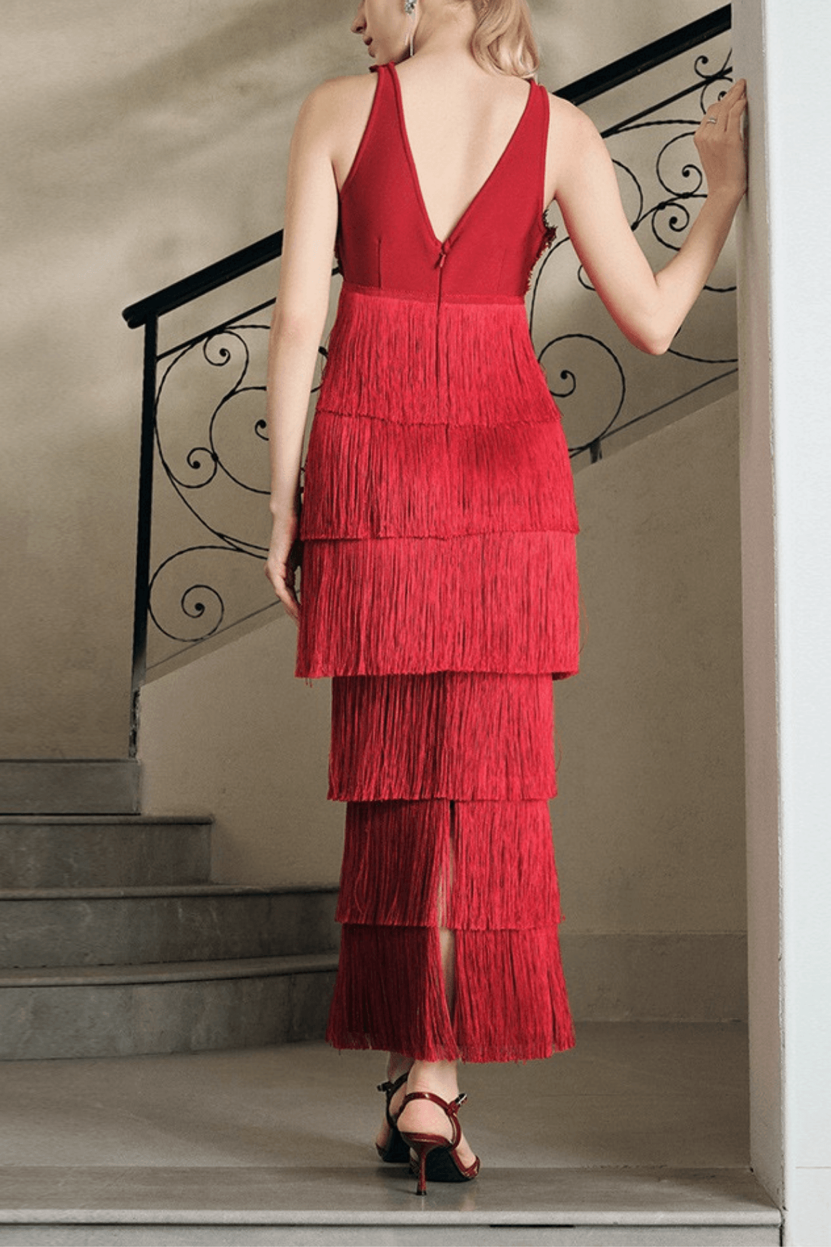 Stella Red Lace V-Neck Tiered Maxi Dress Avalabel
