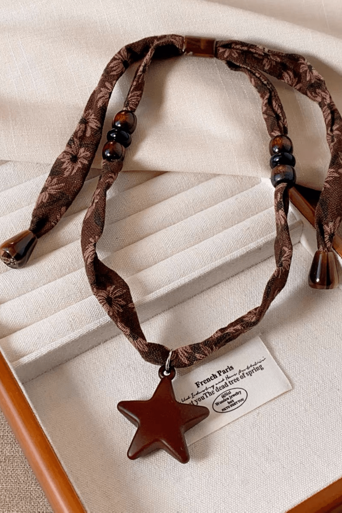 Brown Floral Fabric Wood Star Pendant Necklace Avalabel