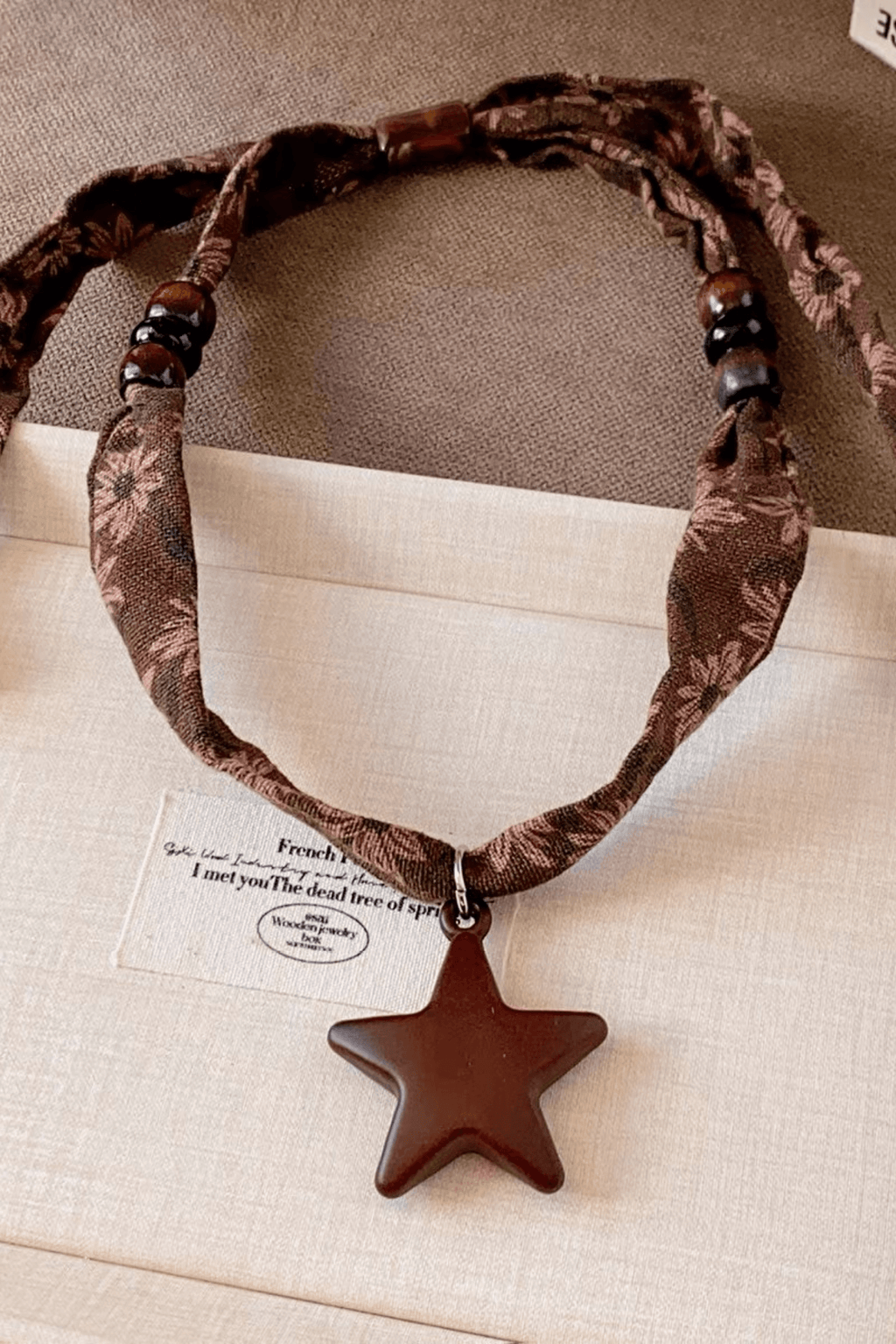 Brown Floral Fabric Wood Star Pendant Necklace Avalabel