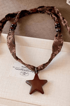 Brown Floral Fabric Wood Star Pendant Necklace Avalabel