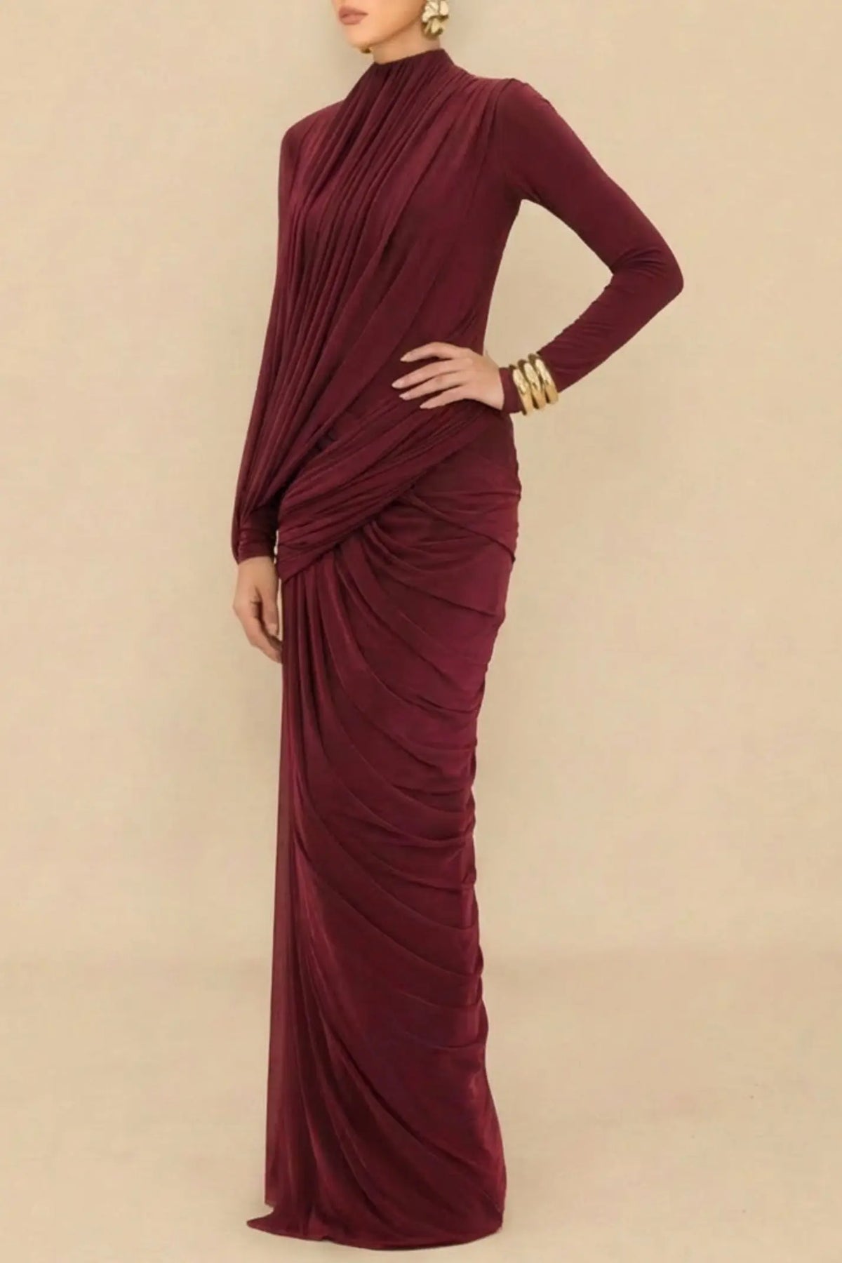 liz High Neck Asymmetric Drape ruched Maxi Dress in burgundy Avalabel