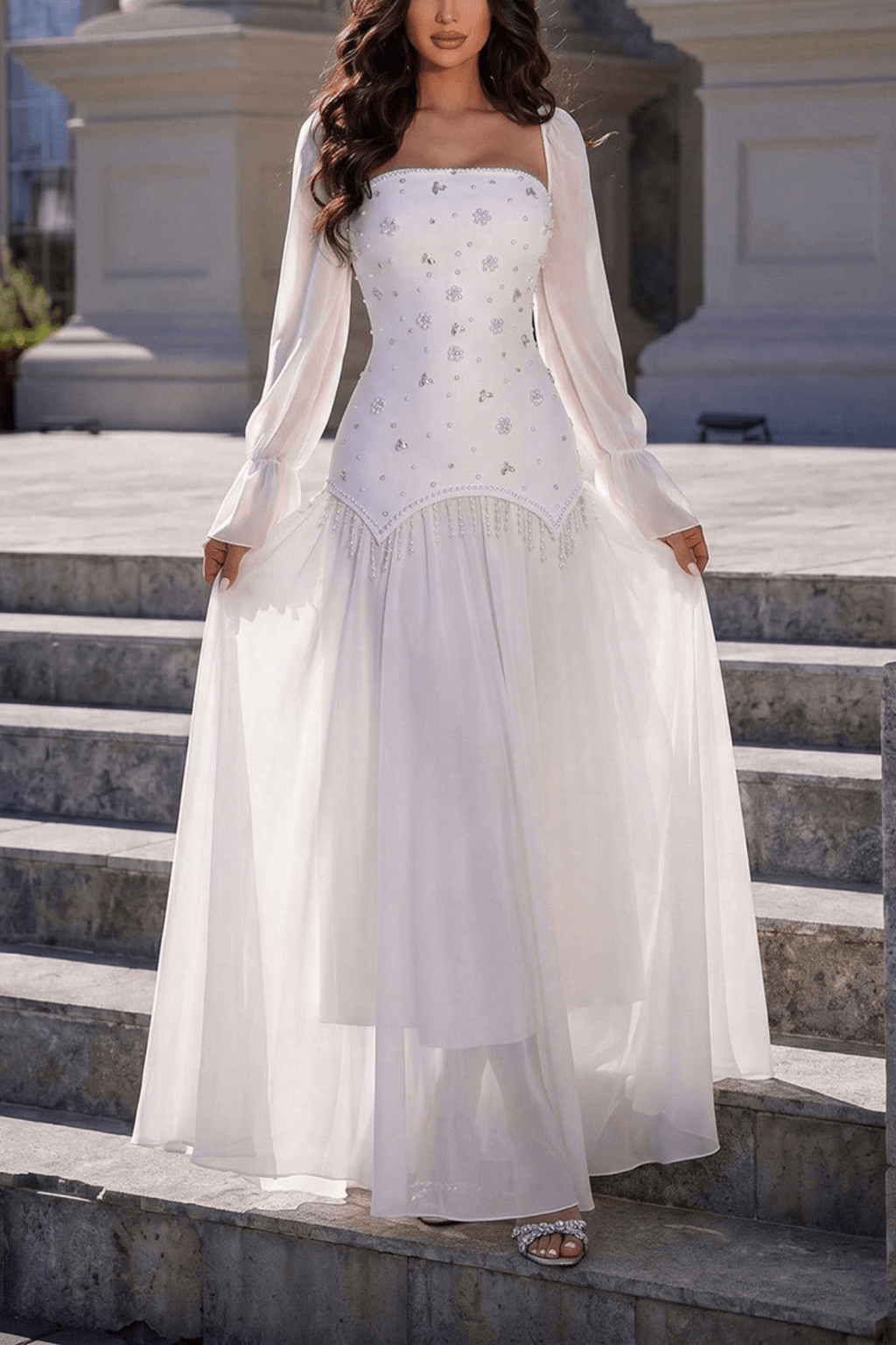 Sophia White Beaded Long‑Sleeve Chiffon Evening Gown Avalabel