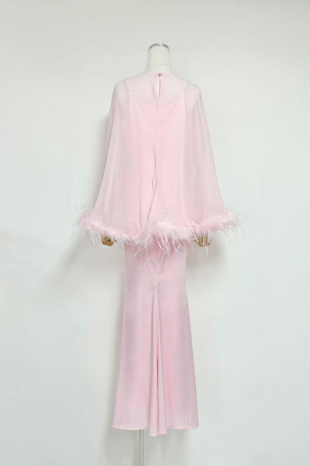 Janis Feather Trim Sheer Cape Satin Dress Avalabel