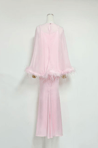 Janis Feather Trim Sheer Cape Satin Dress Avalabel