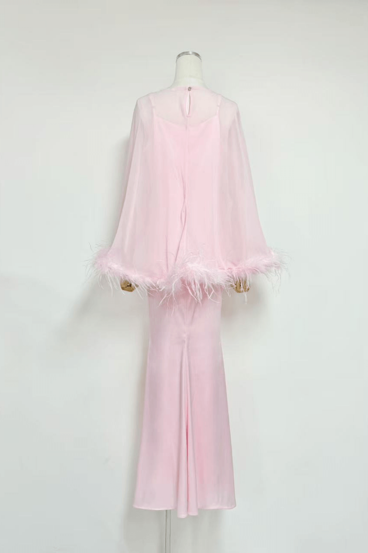 Janis Feather Trim Sheer Cape Satin Dress Avalabel