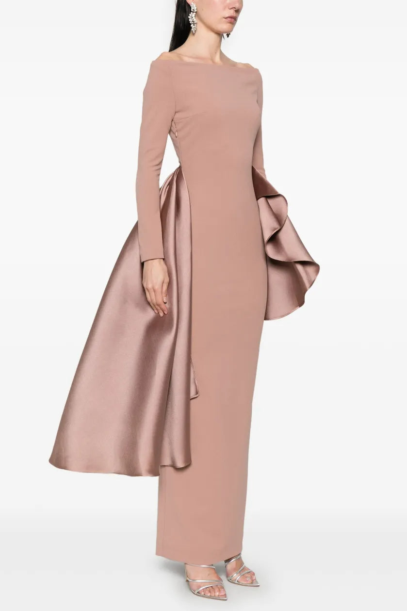 miranda ruffle trim long sleeve maxi dress in pink Avalabel