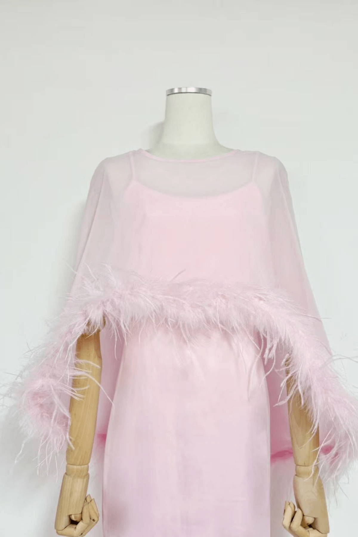 Janis Feather Trim Sheer Cape Satin Dress Avalabel