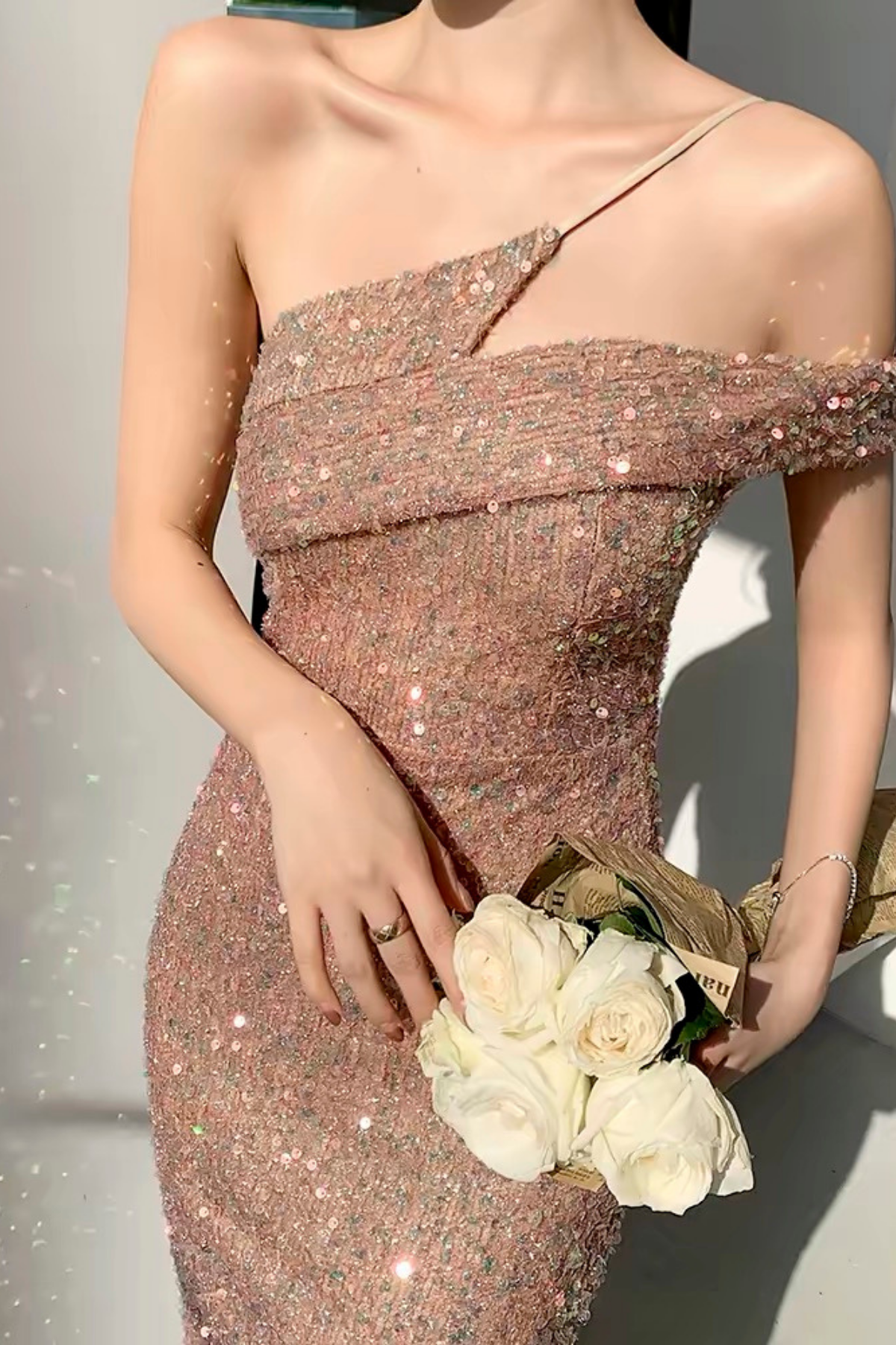 Dusty pink sequin one shoulder midi formal dress, women sparkly party evening gown.