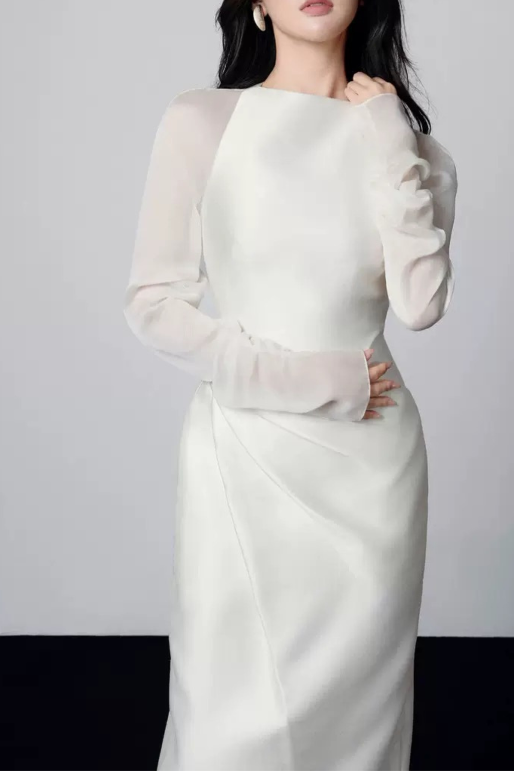 Marian White Satin Boat Neck Mesh Long Sleeve Dress Avalabel