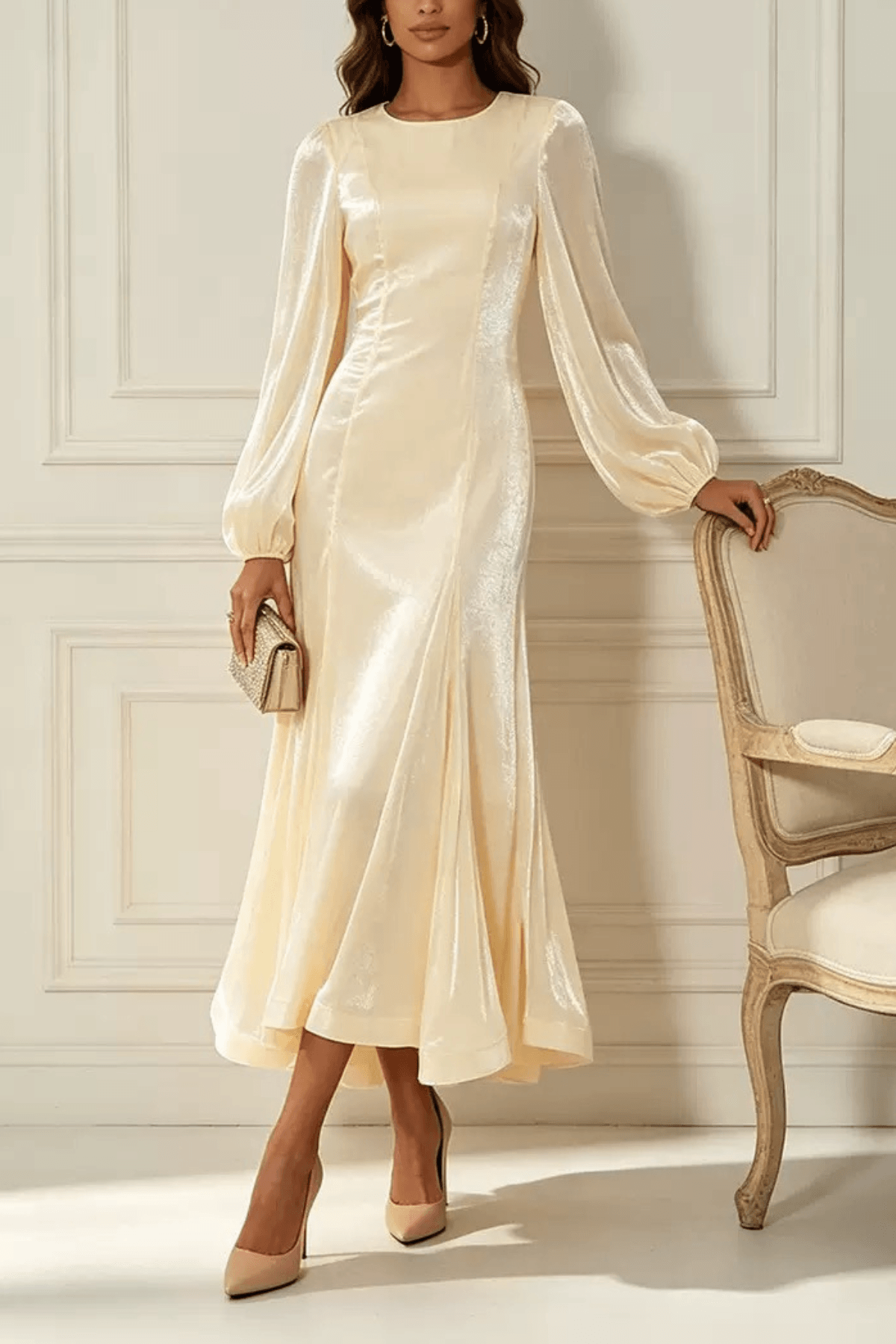 Vera Satin Lantern Sleeve Fishtail Midi Dress Avalabel