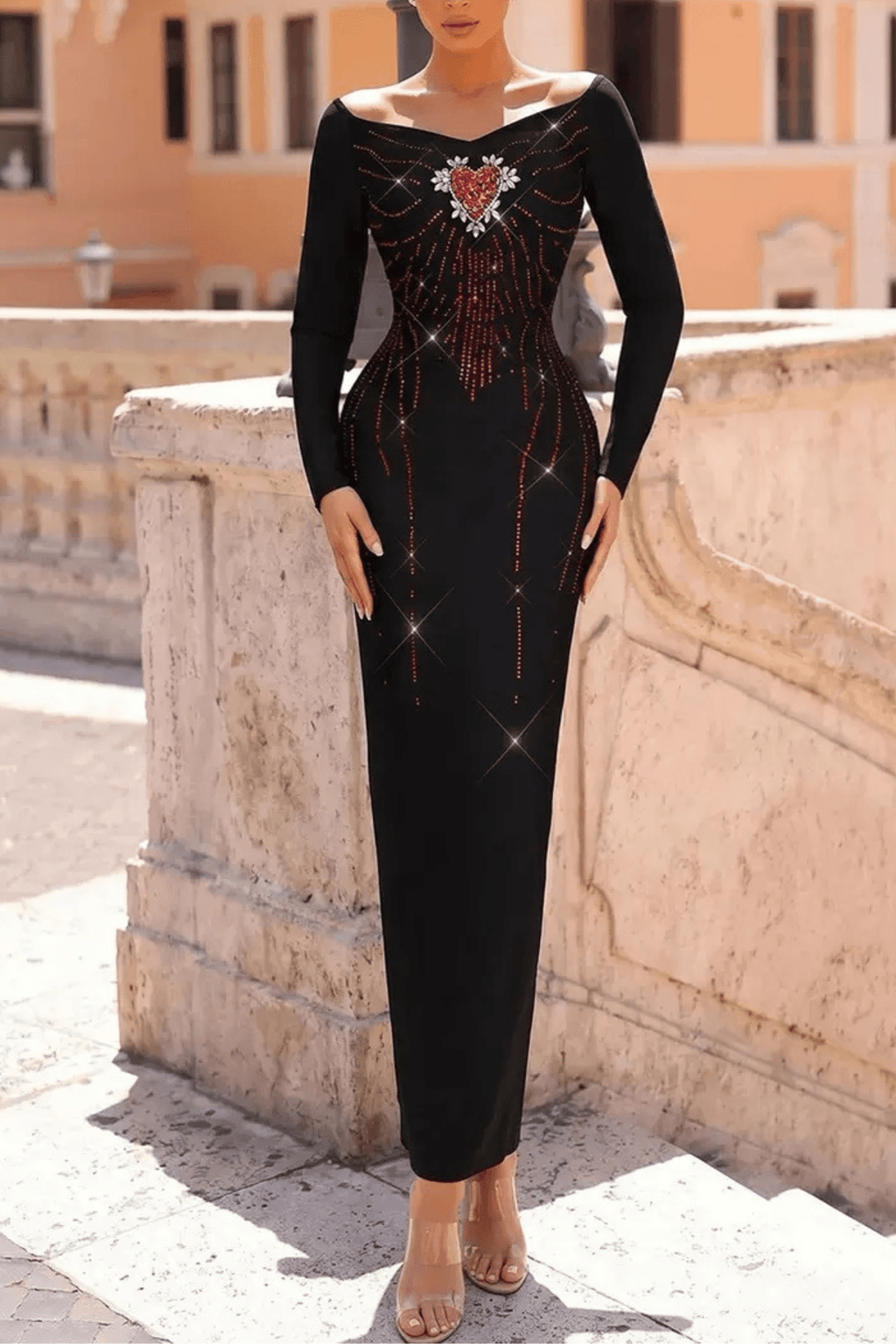 Wendy Black Off‑Shoulder Rhinestone Heart Midi Dress Avalabel