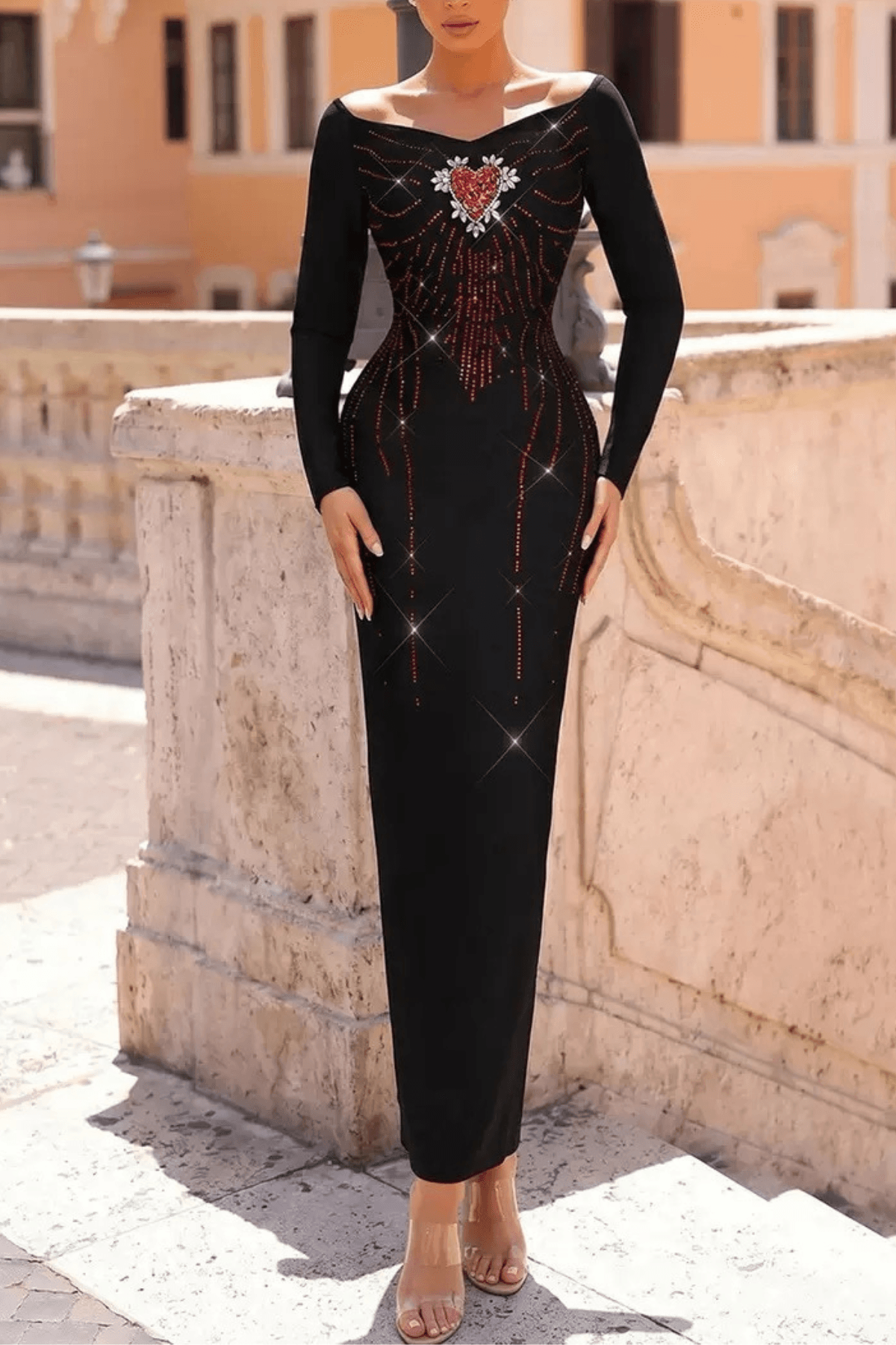 Wendy Black Off‑Shoulder Rhinestone Heart Midi Dress Avalabel