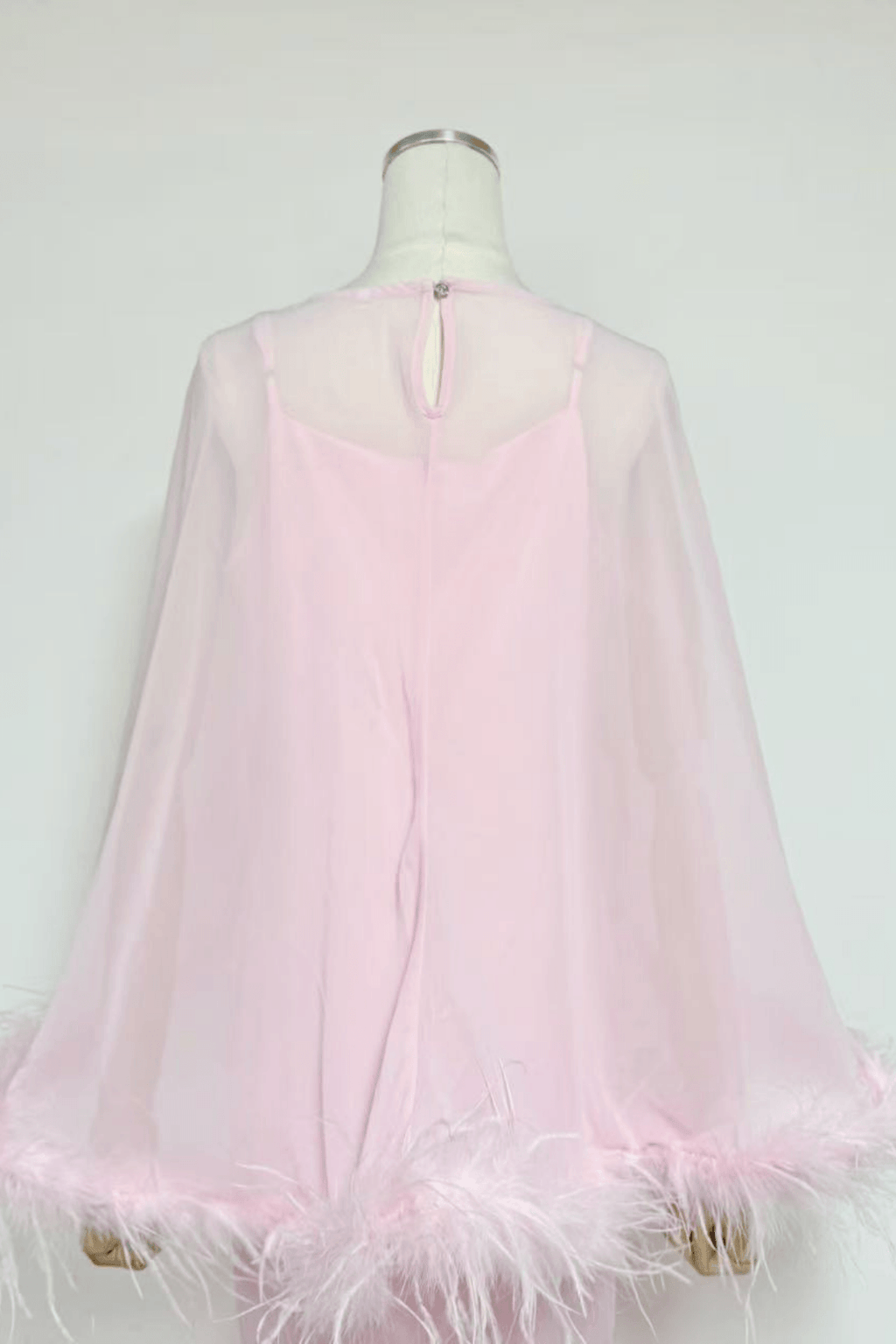 Janis Feather Trim Sheer Cape Satin Dress Avalabel