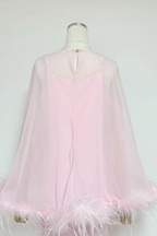 Janis Feather Trim Sheer Cape Satin Dress Avalabel