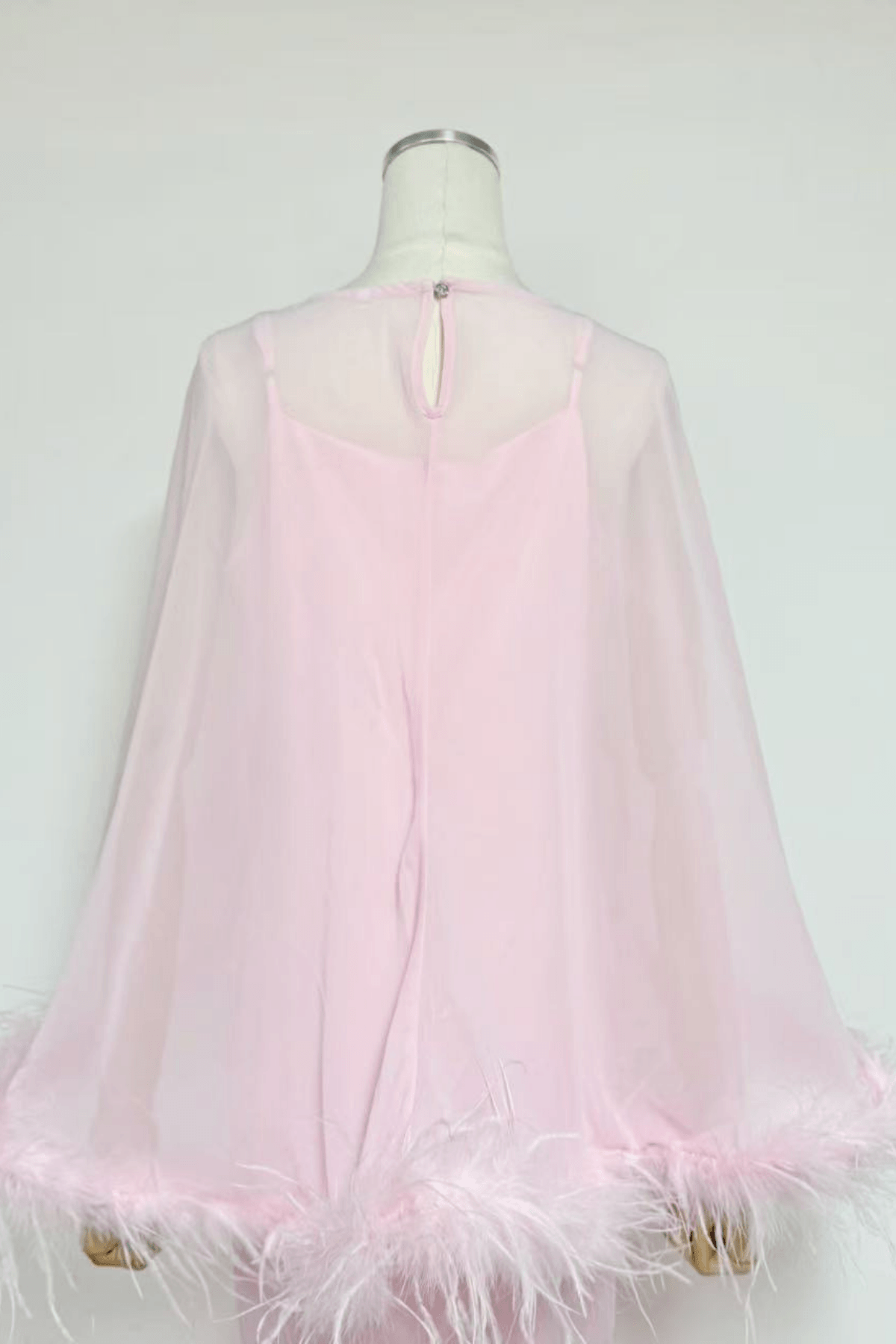 Janis Feather Trim Sheer Cape Satin Dress Avalabel
