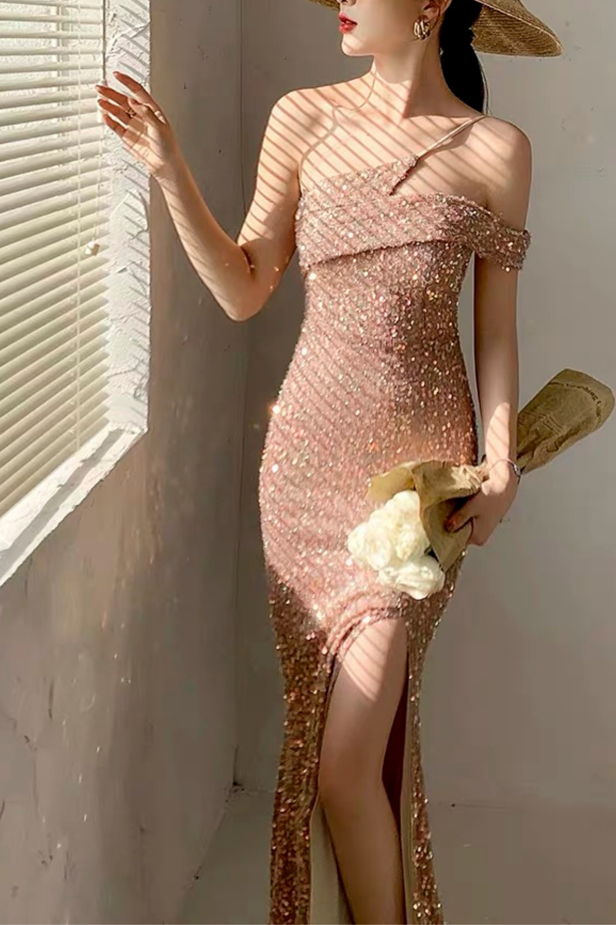 Dusty pink sequin one shoulder midi formal dress, women sparkly party evening gown.