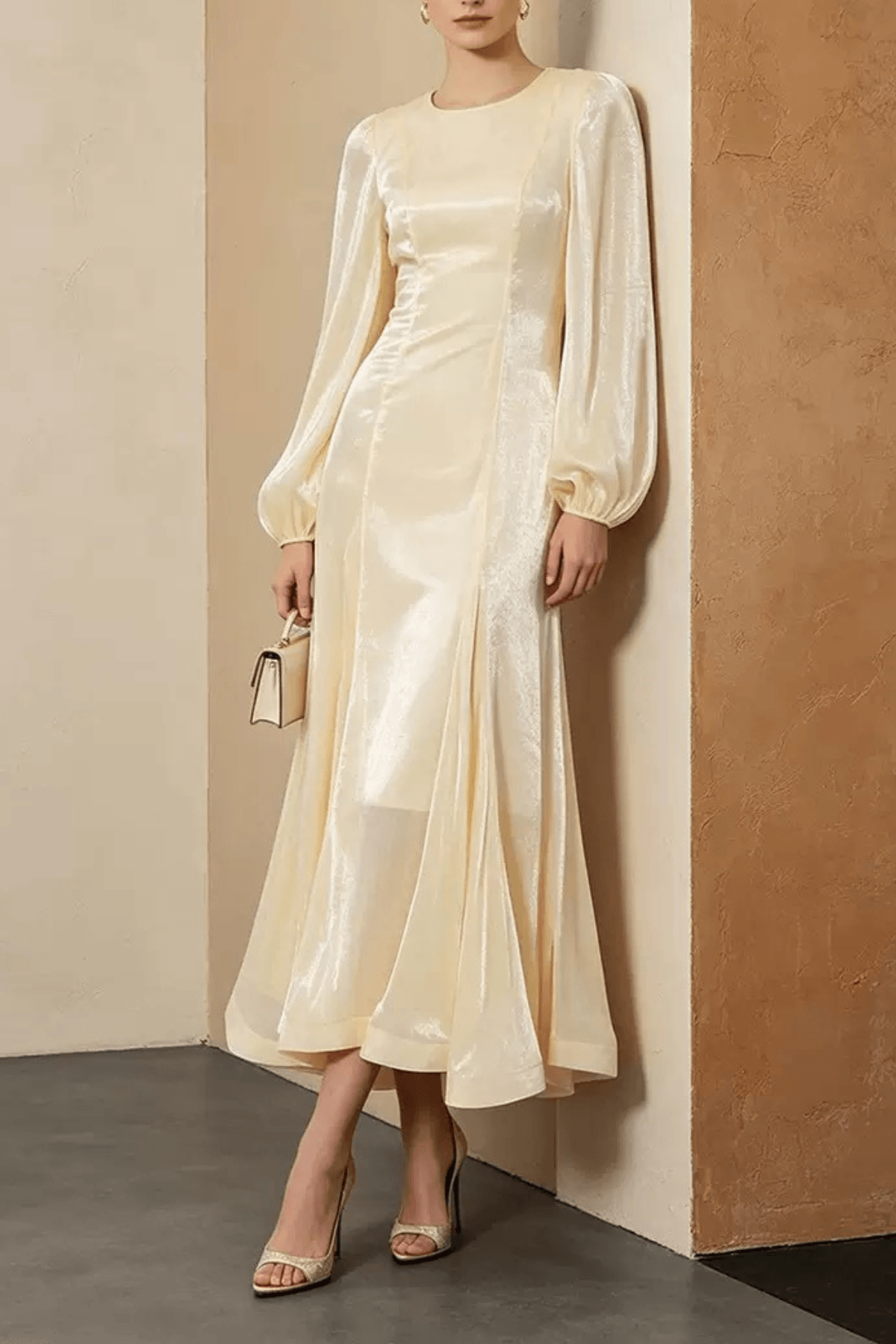 Vera Satin Lantern Sleeve Fishtail Midi Dress Avalabel
