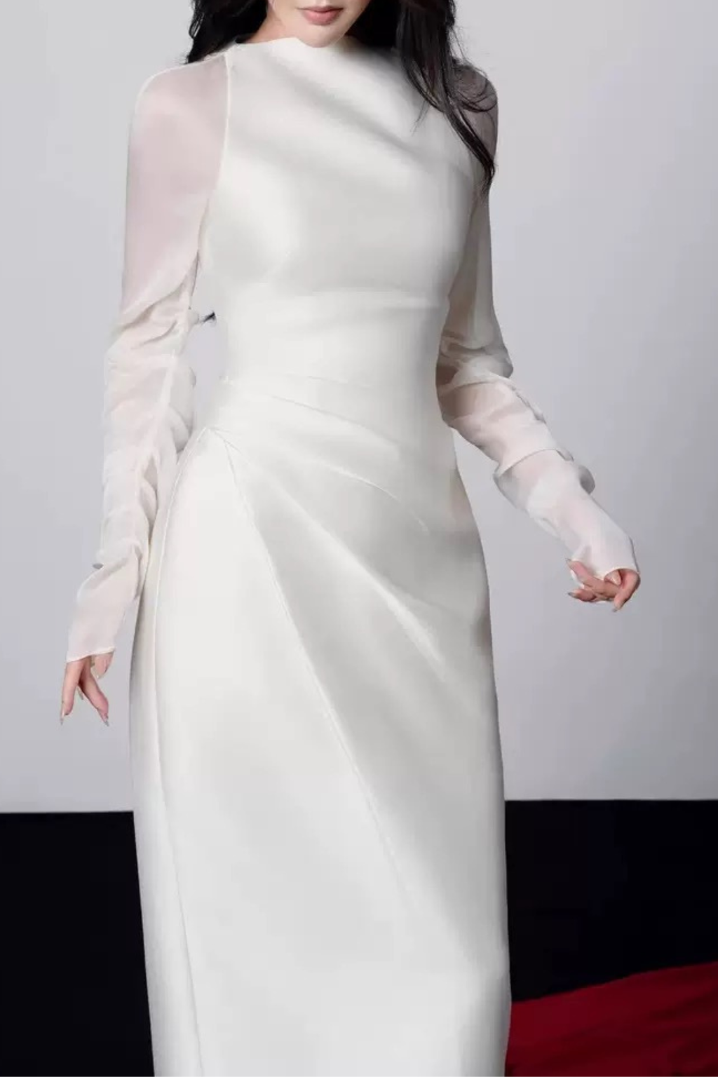 Marian White Satin Boat Neck Mesh Long Sleeve Dress Avalabel