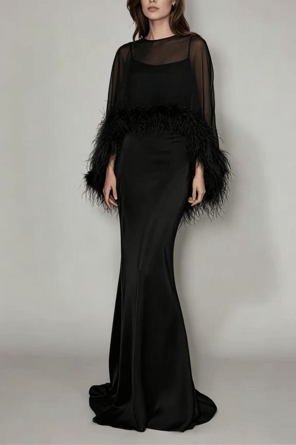 Janis Feather Trim Sheer Cape Satin Dress Avalabel