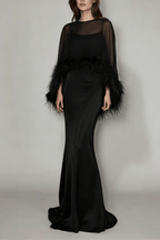 Janis Feather Trim Sheer Cape Satin Dress Avalabel