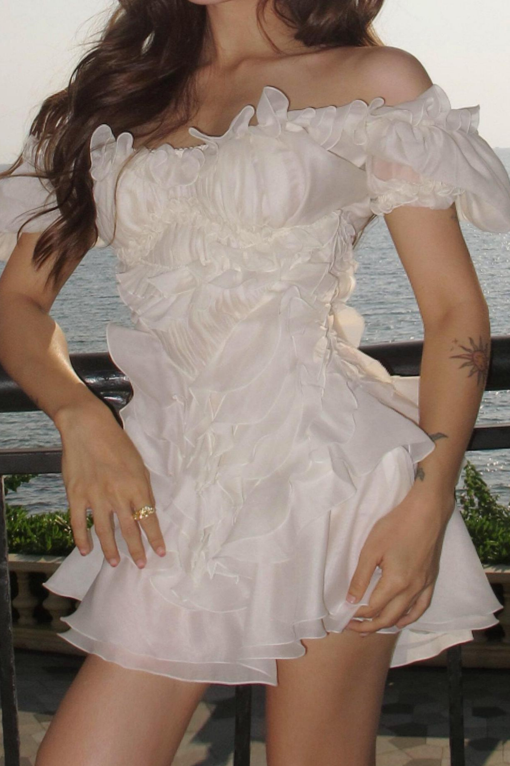 Puff Sleeve Ruffle Chiffon Mini White Dress Avalabel