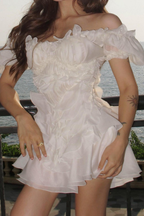 Puff Sleeve Ruffle Chiffon Mini White Dress Avalabel