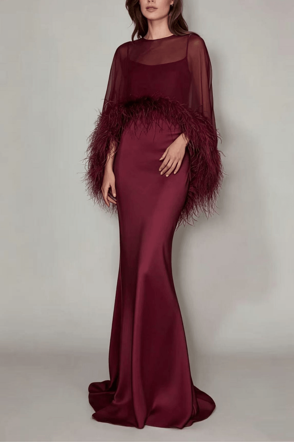 Janis Feather Trim Sheer Cape Satin Dress Avalabel