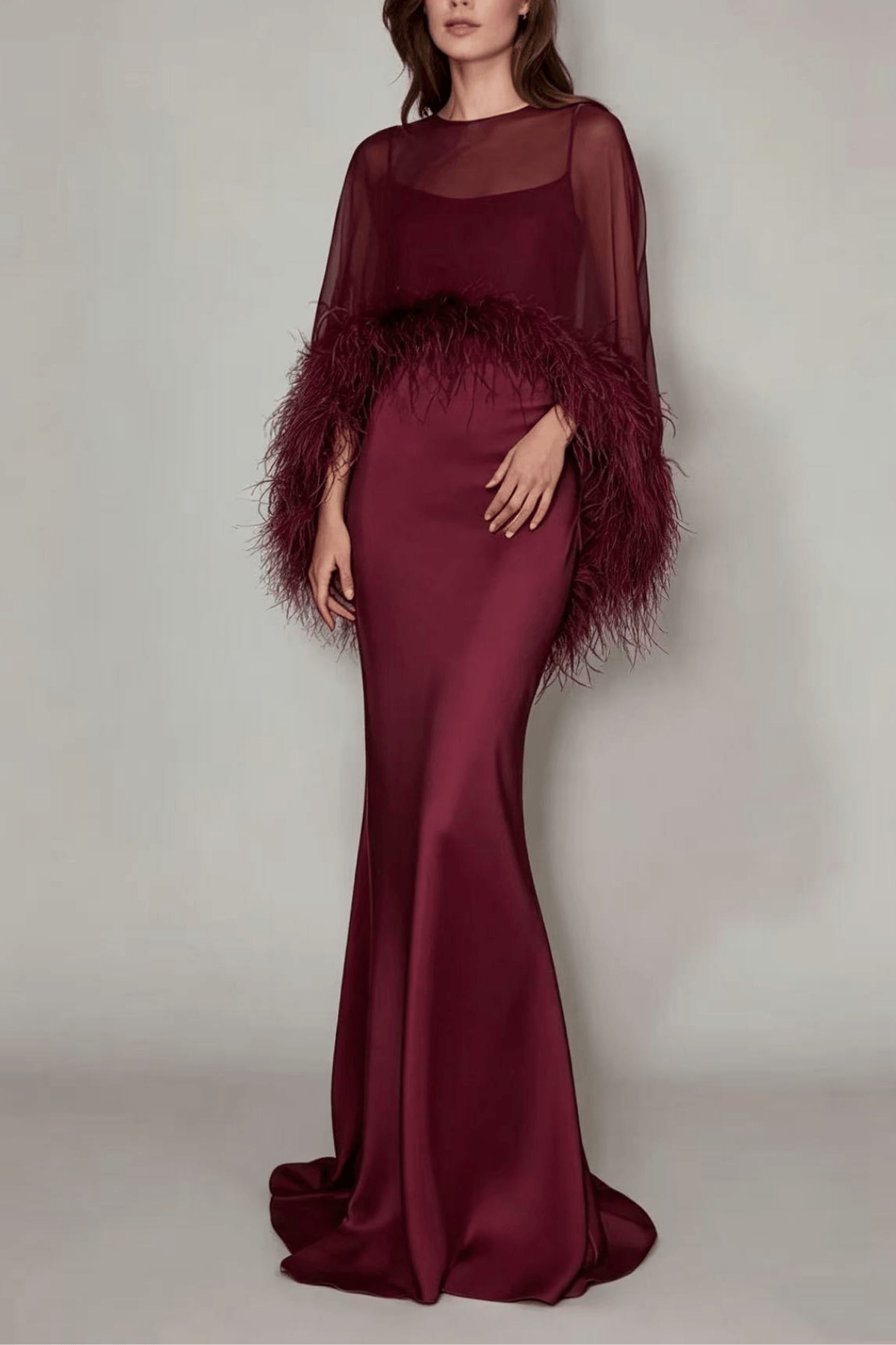 Janis Feather Trim Sheer Cape Satin Dress Avalabel