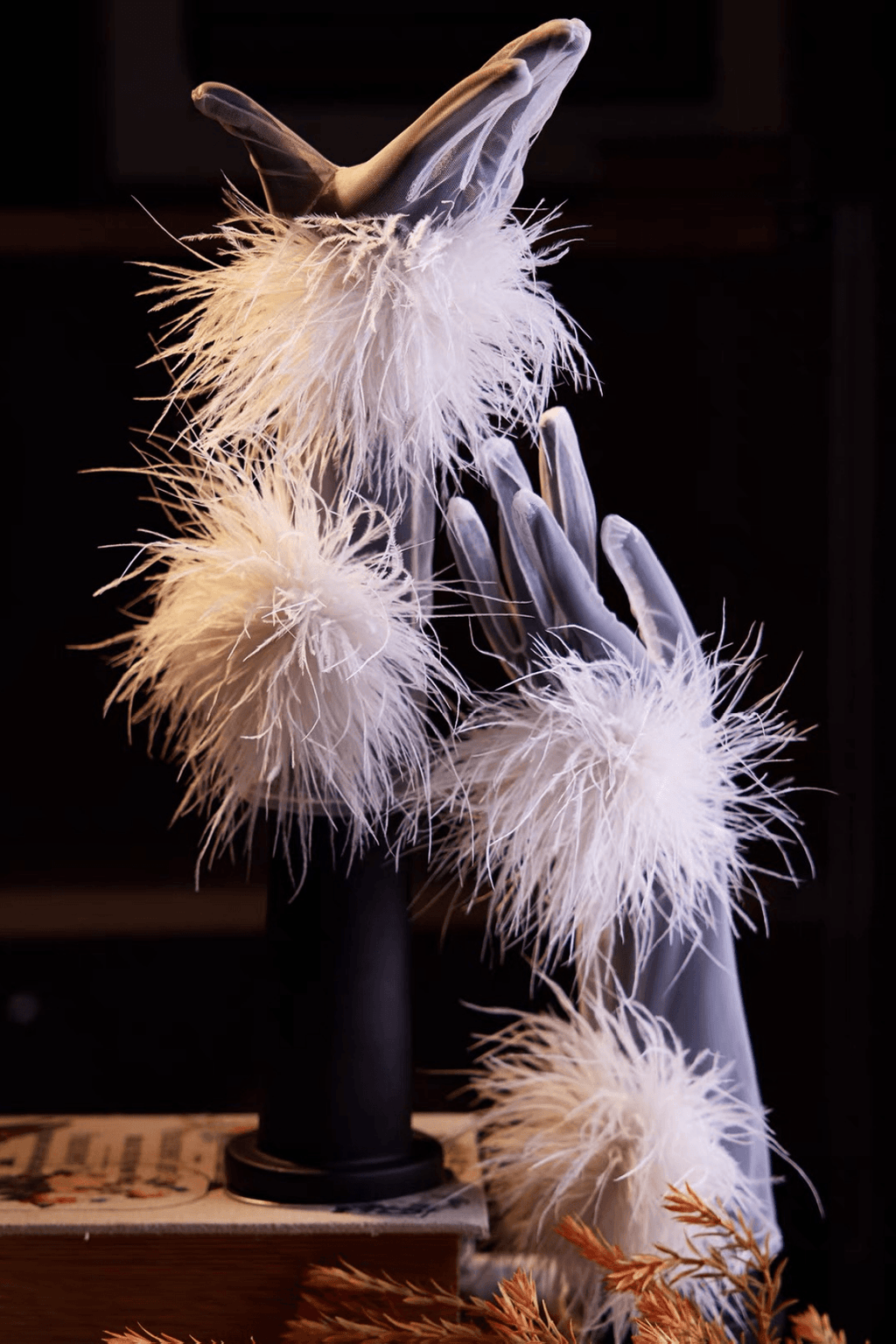 Fluffy Feather Decor Sheer Tulle Long Gloves Avalabel