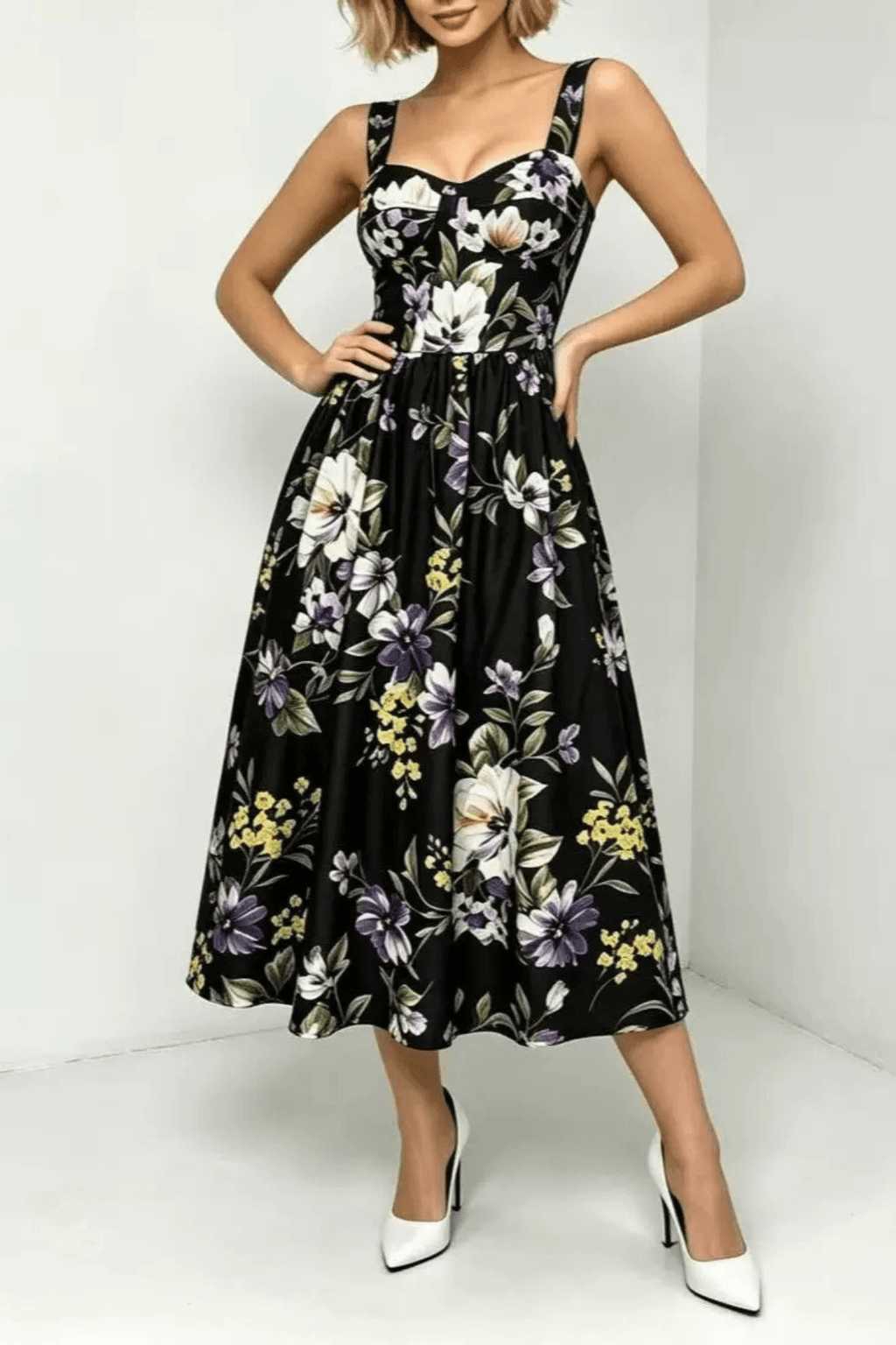 Kiara Floral Print Flared Midi Dress Avalabel