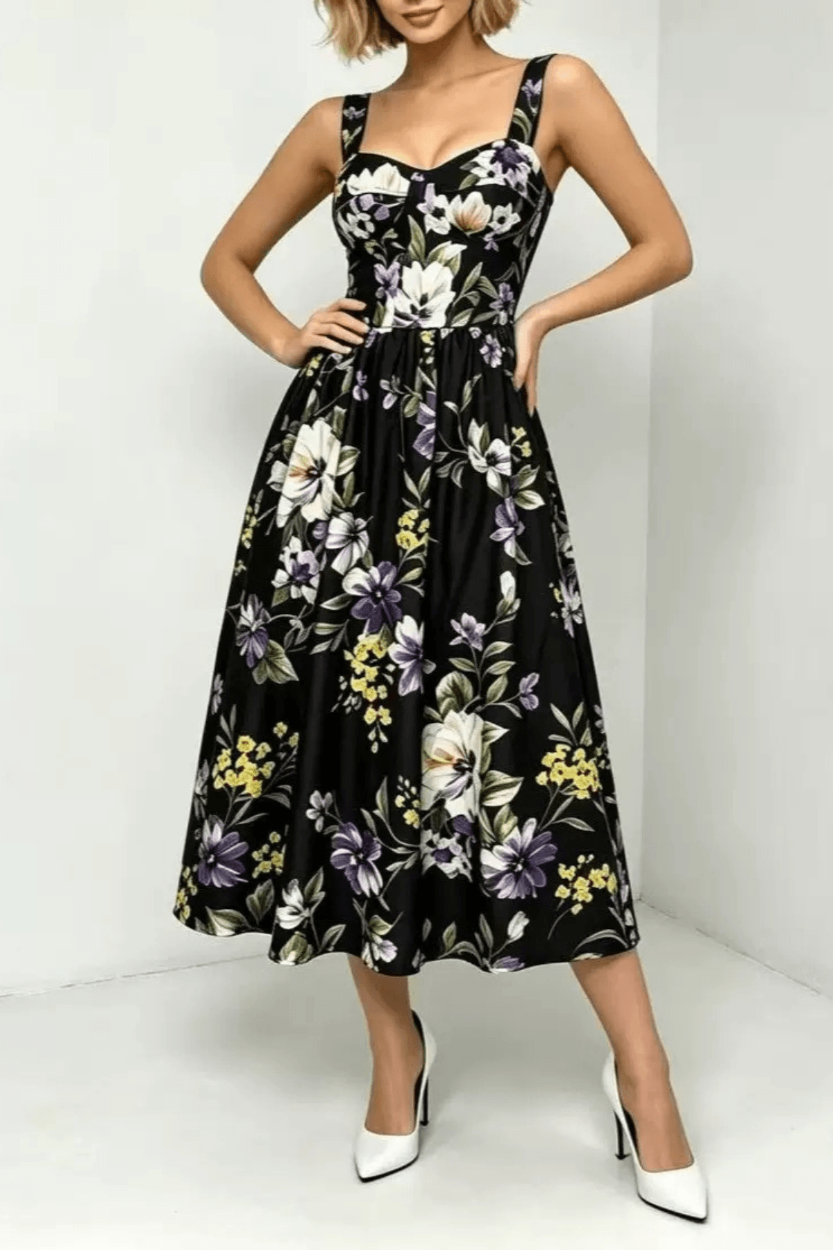 Kiara Floral Print Flared Midi Dress Avalabel