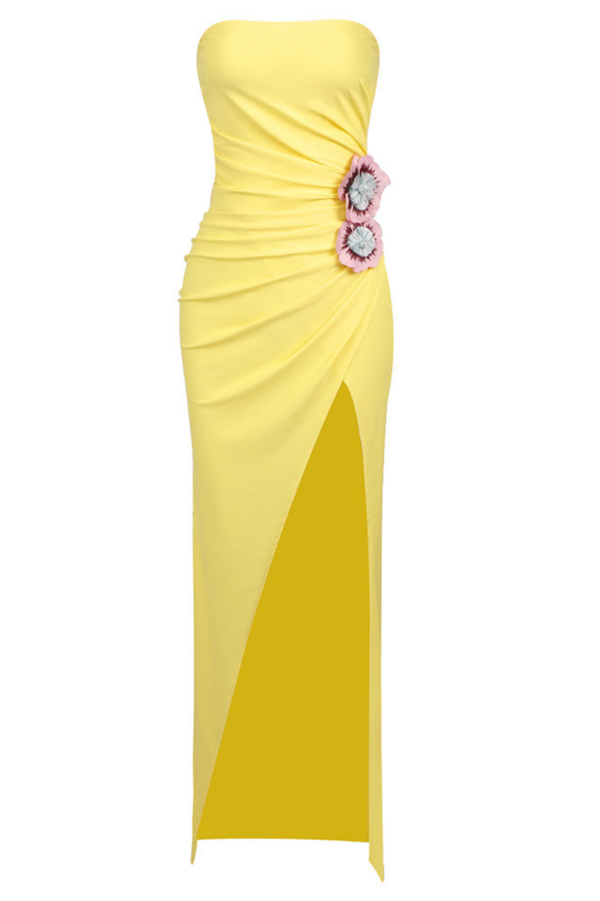 Victoria Yellow Strapless High-Slit Maxi Dress with 3D Flowers Avalabel