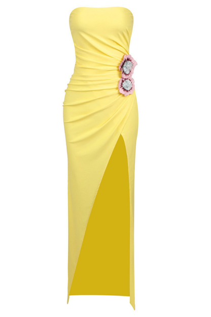 Victoria Yellow Strapless High-Slit Maxi Dress with 3D Flowers